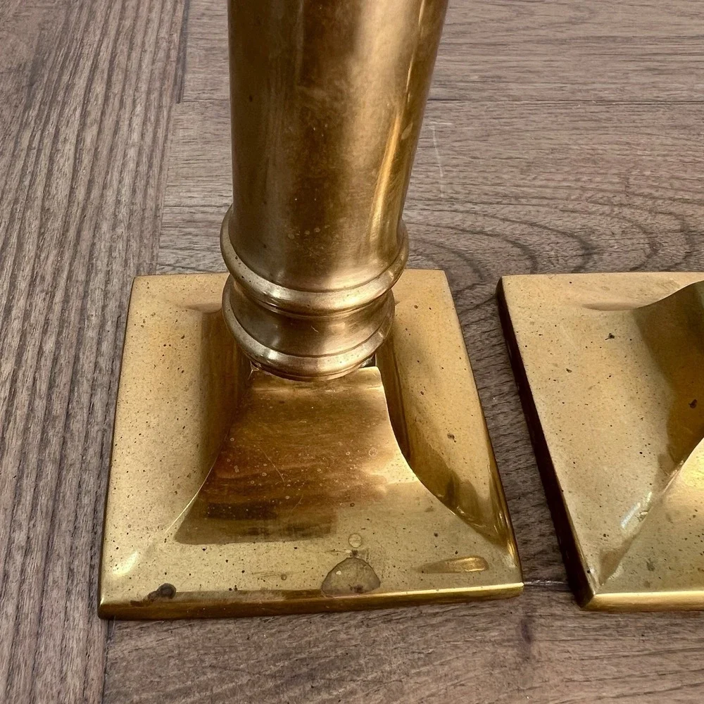 Solid Brass Candlestick Holders Pair Square Base 8.5 In
